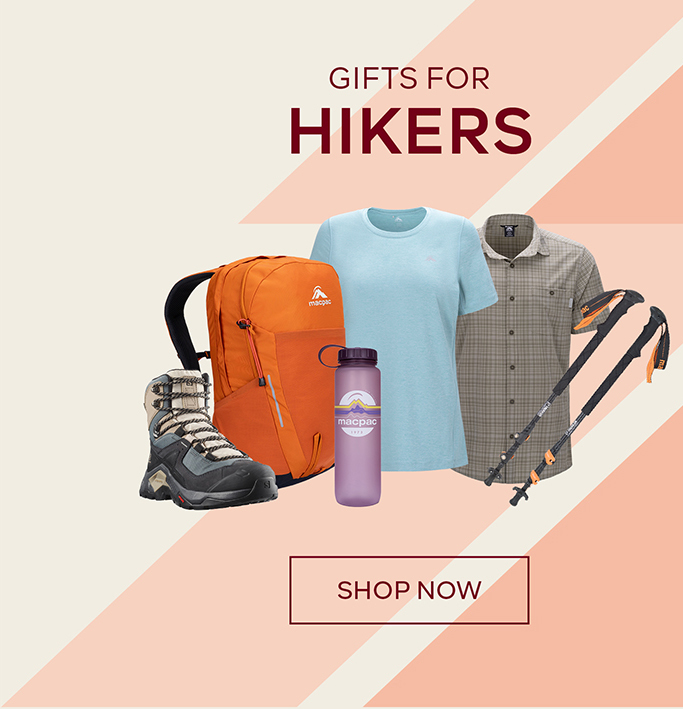 Gifts For Hikers - SHOP NOW - Orange background with 2 t-shirts a backback and a pair of walking poles