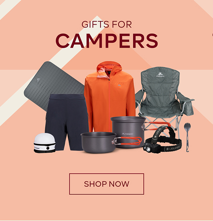 Gifts for campers - SHOP NOW- Assortment of camping items including a chair, pots, headtorch, fleece pullover