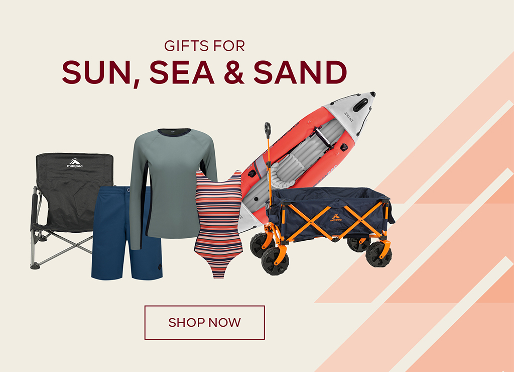 Gifts For Sun Sea and Sand - SHOP NOW - Wheeled beach cart, lycra Swimwear Inflatable SUP and a beach chair