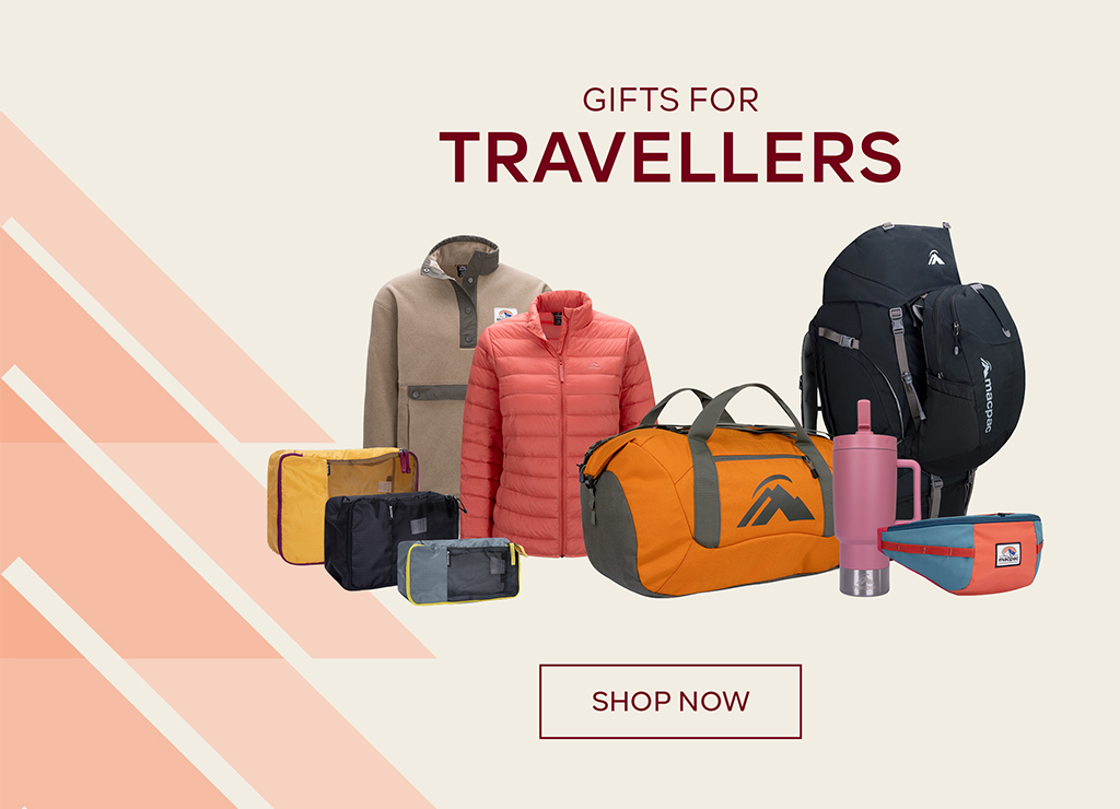 Gifts For Travellers - Shop Now - Yellow wheeled Duffell Bag, grey duffell bag, 2 puffer Jackets, packing cells and drinkware.