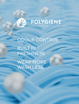 POLYGIENE - ODOR CONTROL, BUILT IN FRESHNESS, WEAR MORE WASH LESS